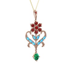 Garnet, akuamarin ve yeşil kuvars 925 ayar rose altın kaplama gümüş kolye (40 cm altın rolo zincir)