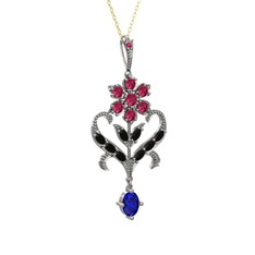 Rodolit garnet, siyah zirkon ve lab safir 925 ayar gümüş kolye (40 cm altın rolo zincir)