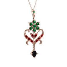 Yeşil kuvars, garnet ve siyah zirkon 8 ayar rose altın kolye (40 cm gümüş rolo zincir)