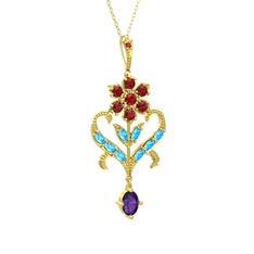 Garnet, akuamarin ve ametist 8 ayar altın kolye (40 cm altın rolo zincir)
