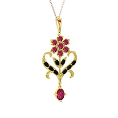 Rodolit garnet ve siyah zirkon 14 ayar altın kolye (40 cm rose altın rolo zincir)