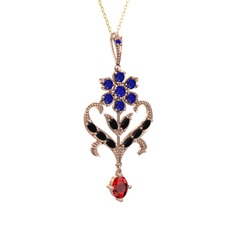 Lab safir, siyah zirkon ve garnet 8 ayar rose altın kolye (40 cm altın rolo zincir)