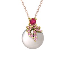 Rodolit garnet, pembe kuvars ve inci 8 ayar altın kolye (40 cm rose altın rolo zincir)
