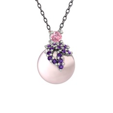 Pembe kuvars, ametist ve pembe inci 925 ayar gümüş kolye (40 cm gümüş rolo zincir)