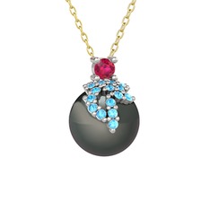 Afra İnci Kolye - Rodolit garnet, akuamarin ve siyah inci 8 ayar beyaz altın kolye (40 cm altın rolo zincir) #10lvrmt