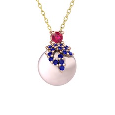 Afra İnci Kolye - Rodolit garnet, lab safir ve pembe inci 925 ayar rose altın kaplama gümüş kolye (40 cm altın rolo zincir) #10mknjt