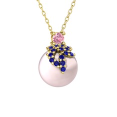 Afra İnci Kolye - Pembe kuvars, lab safir ve pembe inci 8 ayar altın kolye (40 cm altın rolo zincir) #10w8k8t