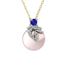 Lab safir, beyaz zirkon ve pembe inci 14 ayar beyaz altın kolye (40 cm altın rolo zincir)