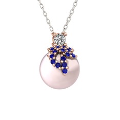 Beyaz zirkon, lab safir ve pembe inci 14 ayar rose altın kolye (40 cm beyaz altın rolo zincir)