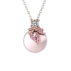 Afra İnci Kolye - Beyaz zirkon, pembe kuvars ve pembe inci 8 ayar rose altın kolye (40 cm beyaz altın rolo zincir) #11h2wpc