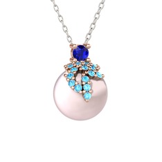 Afra İnci Kolye - Lab safir, akuamarin ve pembe inci 14 ayar rose altın kolye (40 cm beyaz altın rolo zincir) #11l87t1