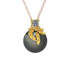 Afra İnci Kolye - Pırlanta, sitrin ve siyah inci 925 ayar altın kaplama gümüş kolye (0.11 karat, 40 cm rose altın rolo zincir) #12atxya