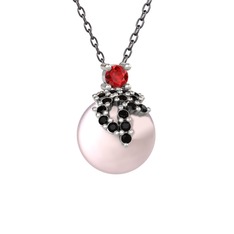 Afra İnci Kolye - Garnet, siyah zirkon ve pembe inci 18 ayar beyaz altın kolye (40 cm gümüş rolo zincir) #12mn4sa