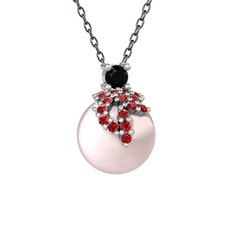 Siyah zirkon, garnet ve pembe inci 925 ayar gümüş kolye (40 cm gümüş rolo zincir)