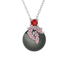 Garnet, pembe kuvars ve siyah inci 8 ayar beyaz altın kolye (40 cm beyaz altın rolo zincir)