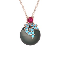 Afra İnci Kolye - Rodolit garnet, akuamarin ve siyah inci 8 ayar rose altın kolye (40 cm rose altın rolo zincir) #12sfbid