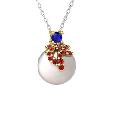 Afra İnci Kolye - Lab safir, garnet ve inci 8 ayar altın kolye (40 cm beyaz altın rolo zincir) #131oozr