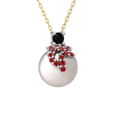 Siyah zirkon, garnet ve inci 18 ayar beyaz altın kolye (40 cm altın rolo zincir)