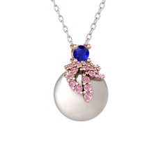 Afra İnci Kolye - Lab safir, pembe kuvars ve inci 8 ayar rose altın kolye (40 cm beyaz altın rolo zincir) #13ukrkh