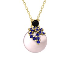 Siyah zirkon, lab safir ve pembe inci 18 ayar altın kolye (40 cm altın rolo zincir)