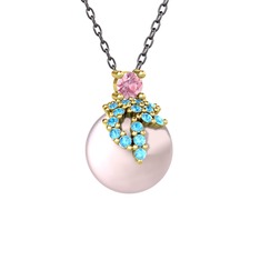 Afra İnci Kolye - Pembe kuvars, akuamarin ve pembe inci 8 ayar altın kolye (40 cm gümüş rolo zincir) #143bogw