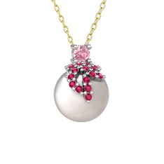 Afra İnci Kolye - Pembe kuvars, rodolit garnet ve inci 925 ayar gümüş kolye (40 cm altın rolo zincir) #144rqkt