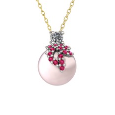 Pırlanta, rodolit garnet ve pembe inci 925 ayar gümüş kolye (0.11 karat, 40 cm altın rolo zincir)