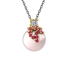 Beyaz zirkon, rodolit garnet ve pembe inci 18 ayar altın kolye (40 cm gümüş rolo zincir)