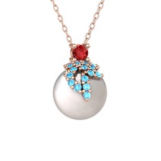 Garnet, akuamarin ve inci 14 ayar rose altın kolye (40 cm gümüş rolo zincir)
