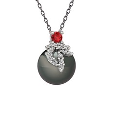 Afra İnci Kolye - Garnet, beyaz zirkon ve siyah inci 14 ayar beyaz altın kolye (40 cm gümüş rolo zincir) #15ee2o0