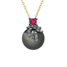 Afra İnci Kolye - Rodolit garnet, pırlanta ve siyah inci 925 ayar siyah rodyum kaplama gümüş kolye (0.176 karat, 40 cm altın rolo zincir) #15fue3h