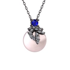 Afra İnci Kolye - Lab safir, pırlanta ve pembe inci 925 ayar siyah rodyum kaplama gümüş kolye (0.176 karat, 40 cm gümüş rolo zincir) #165w8ci