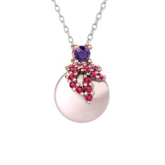 Afra İnci Kolye - Ametist, rodolit garnet ve pembe inci 8 ayar rose altın kolye (40 cm beyaz altın rolo zincir) #16so1rj