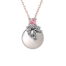 Pembe kuvars, pırlanta ve inci 18 ayar beyaz altın kolye (0.176 karat, 40 cm rose altın rolo zincir)