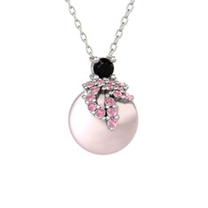 Siyah zirkon, pembe kuvars ve pembe inci 8 ayar beyaz altın kolye (40 cm beyaz altın rolo zincir)