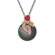 Afra İnci Kolye - Rodolit garnet, pembe kuvars ve siyah inci 14 ayar altın kolye (40 cm gümüş rolo zincir) #175tl4t