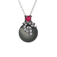 Afra İnci Kolye - Rodolit garnet, beyaz zirkon ve siyah inci 925 ayar siyah rodyum kaplama gümüş kolye (40 cm gümüş rolo zincir) #1788ipg