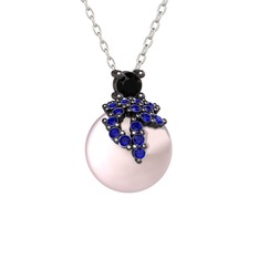 Afra İnci Kolye - Siyah zirkon, lab safir ve pembe inci 925 ayar siyah rodyum kaplama gümüş kolye (40 cm beyaz altın rolo zincir) #17fbzi