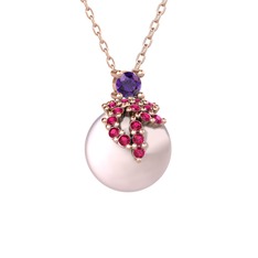 Ametist, rodolit garnet ve pembe inci 925 ayar rose altın kaplama gümüş kolye (40 cm rose altın rolo zincir)