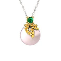 Afra İnci Kolye - Yeşil kuvars, sitrin ve pembe inci 925 ayar altın kaplama gümüş kolye (40 cm beyaz altın rolo zincir) #18x9g1o