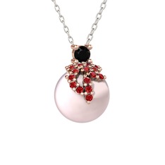 Siyah zirkon, garnet ve pembe inci 8 ayar rose altın kolye (40 cm beyaz altın rolo zincir)