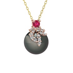 Afra İnci Kolye - Rodolit garnet, beyaz zirkon ve siyah inci 8 ayar rose altın kolye (40 cm altın rolo zincir) #19llmty