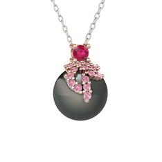 Rodolit garnet, pembe kuvars ve siyah inci 925 ayar rose altın kaplama gümüş kolye (40 cm beyaz altın rolo zincir)