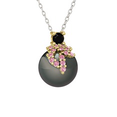 Afra İnci Kolye - Siyah zirkon, pembe kuvars ve siyah inci 925 ayar altın kaplama gümüş kolye (40 cm beyaz altın rolo zincir) #1aedhgg