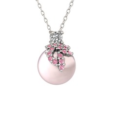 Afra İnci Kolye - Beyaz zirkon, pembe kuvars ve pembe inci 8 ayar beyaz altın kolye (40 cm beyaz altın rolo zincir) #1aq199v