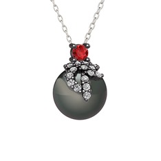 Afra İnci Kolye - Garnet, beyaz zirkon ve siyah inci 925 ayar siyah rodyum kaplama gümüş kolye (40 cm gümüş rolo zincir) #1arvvf5