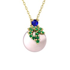 Lab safir, yeşil kuvars ve pembe inci 925 ayar altın kaplama gümüş kolye (40 cm gümüş rolo zincir)