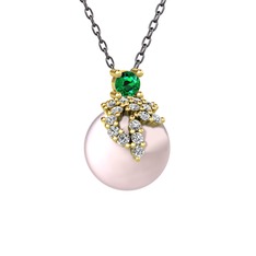 Yeşil kuvars, beyaz zirkon ve pembe inci 8 ayar altın kolye (40 cm gümüş rolo zincir)