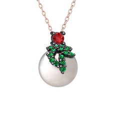 Afra İnci Kolye - Garnet, yeşil kuvars ve inci 925 ayar siyah rodyum kaplama gümüş kolye (40 cm rose altın rolo zincir) #1cygiq9