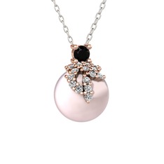 Afra İnci Kolye - Siyah zirkon, beyaz zirkon ve pembe inci 8 ayar rose altın kolye (40 cm beyaz altın rolo zincir) #1cyjaxy